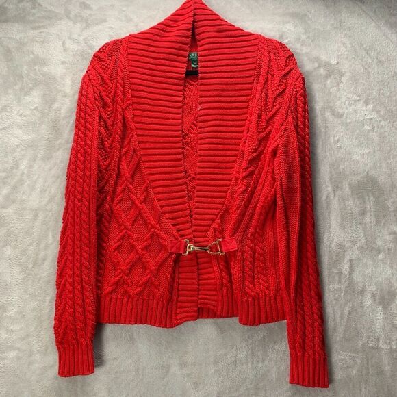 LAUREN RALPH LAUREN | LARGE WOMEN'S | VTG CABLE KNIT  SWEATER in RED - Picture 1 of 16